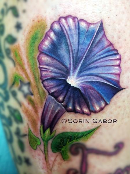 Tattoos - realistic color flower on leg  - 98068
